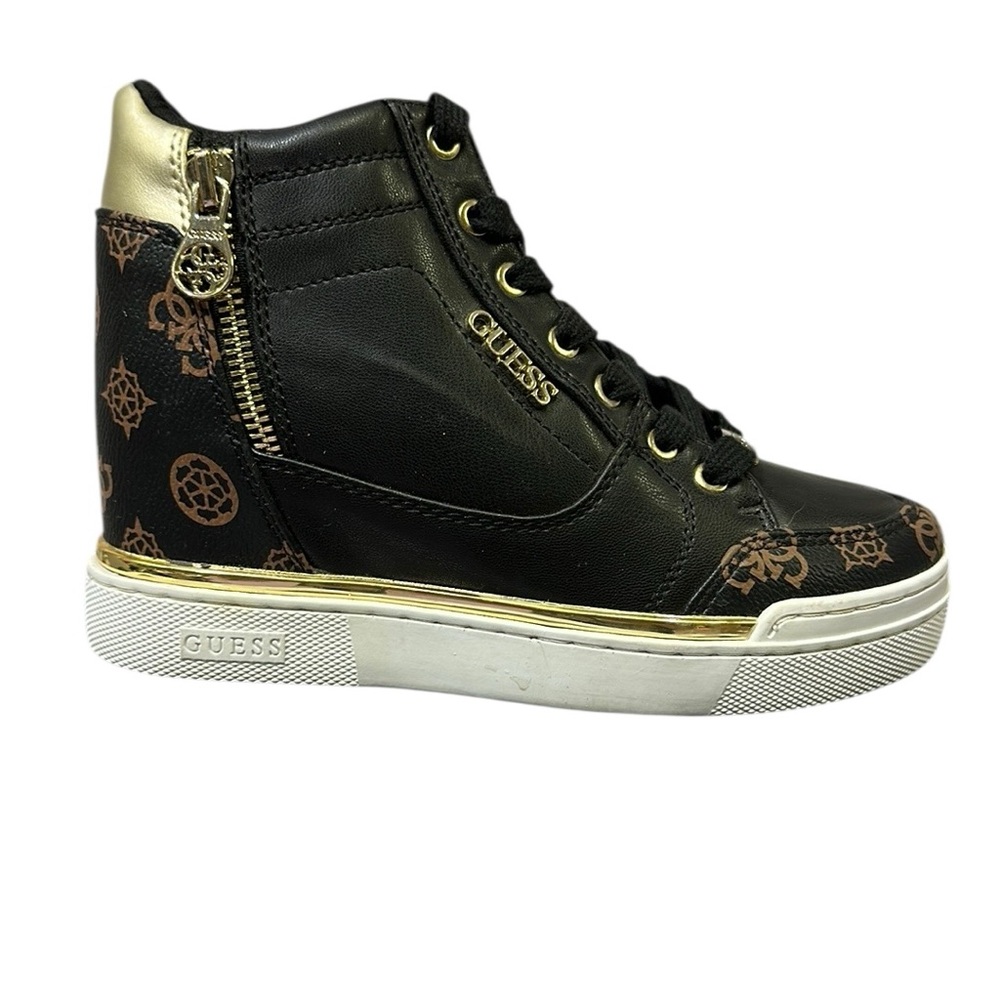 Guess Black Gold Figz Wedge  Lace Up Zipper Side Sneakers Shoes Womens 5 M